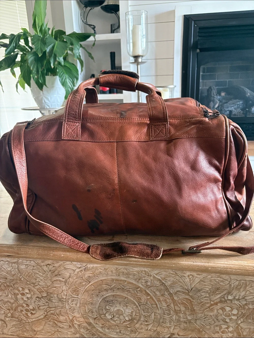 Leather Weekender Duffel Bag - Brown